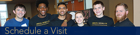 Six students visit the College of Business to learn about bet365官网’s business programs.