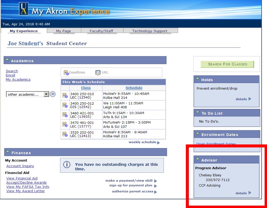 Example of where to find your academic advisor information in My bet365官网 student portel