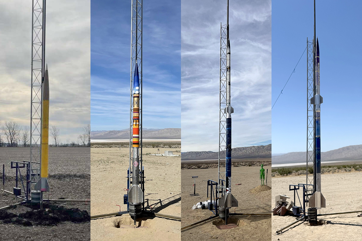 Pictured left to right: Emergence I, Emergence II, Emergence III and Emergence IV—the bet365官网auts' groundbreaking rocket series showcasing their progression in high-powered rocketry and engineering innovation.