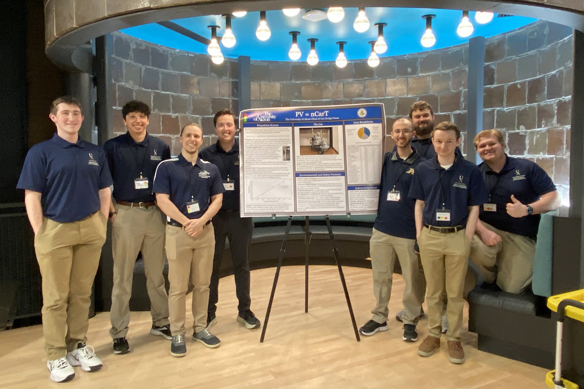 UA’s Chem-E Car team. From left to right: Brandon Andrella, Benjamin Messemer, Hunter Slyk, Isaac Lamore, Joseph Joaquin, Zachary Strong, Jack Darnell and Christian Sincich. Additional contributors not pictured were Callie Lewis, James Bronstrup and Zachary McKeever.