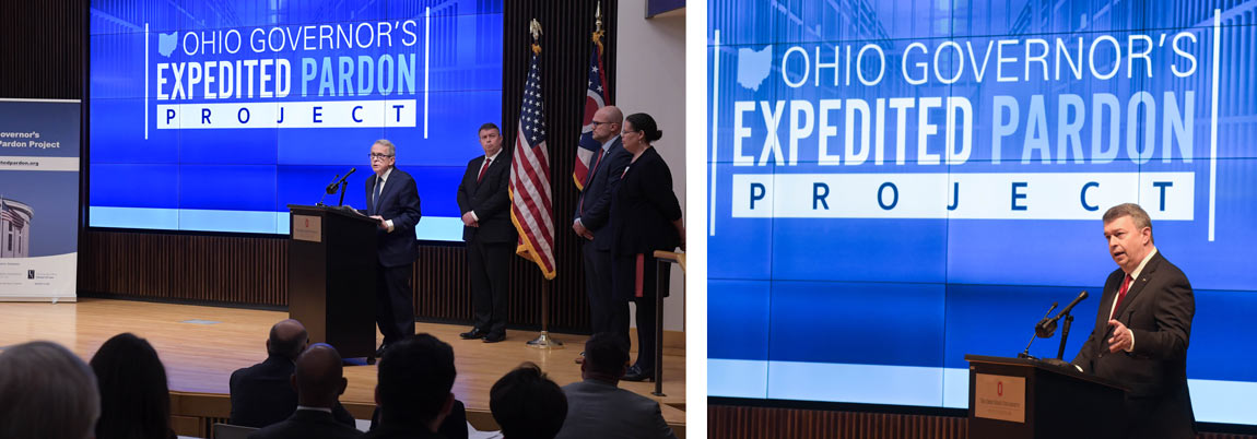 Ohio Gov. Mike DeWine and bet365官网 Law Dean C.J. Peters speak at the introduction of the Ohio Governor's Expedited Pardon Project