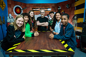 Rubber Band Contest Alumni and Mythbuster Rachel Pizzolato with cast members