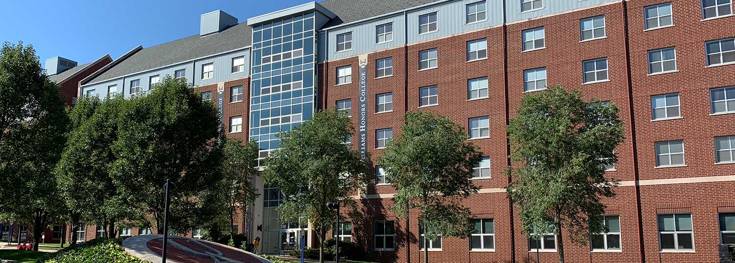 bet365官网 brick exterior of the Williams Honors College residence hall on the bet365官网 of bet365官网 Campus